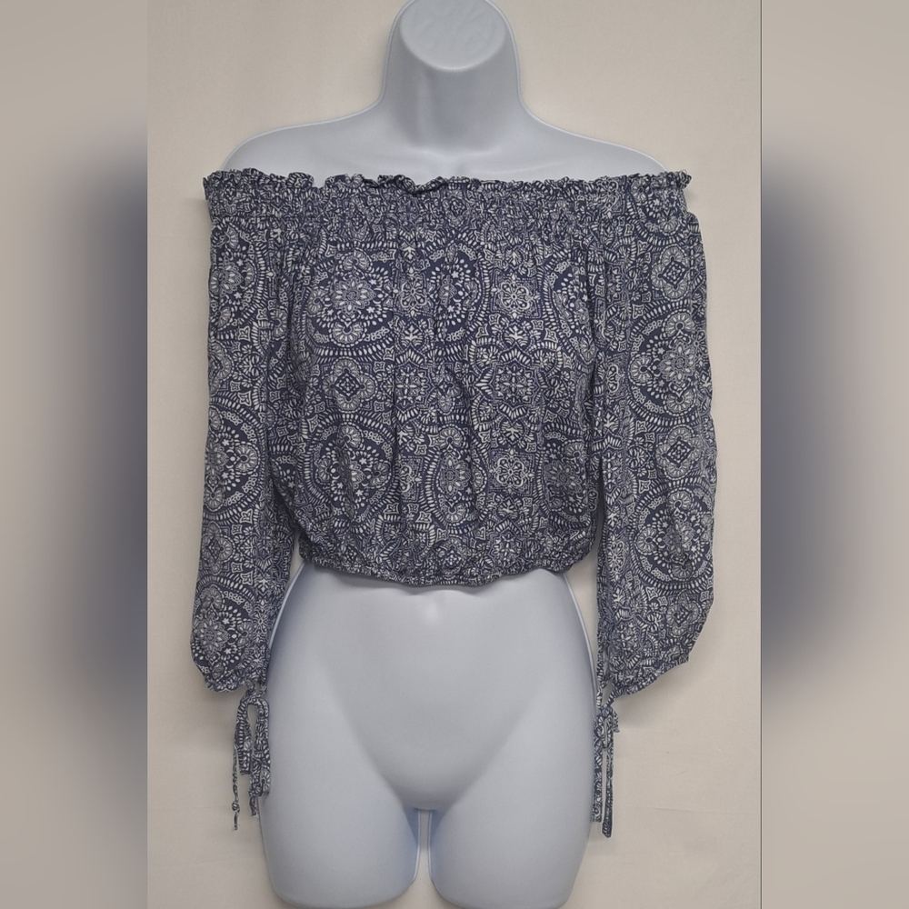 Live To Be Spoiled M Over The Shoulder Crop Top Sleeve Ties Elastic Neck & Waist - Picture 1 of 6